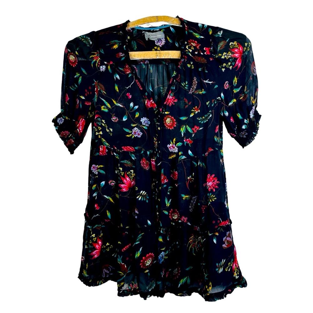 Anthropologie Salzburg Sheer Tunic Top Floral Ruffle Tiered Puff Sleeve Black S.